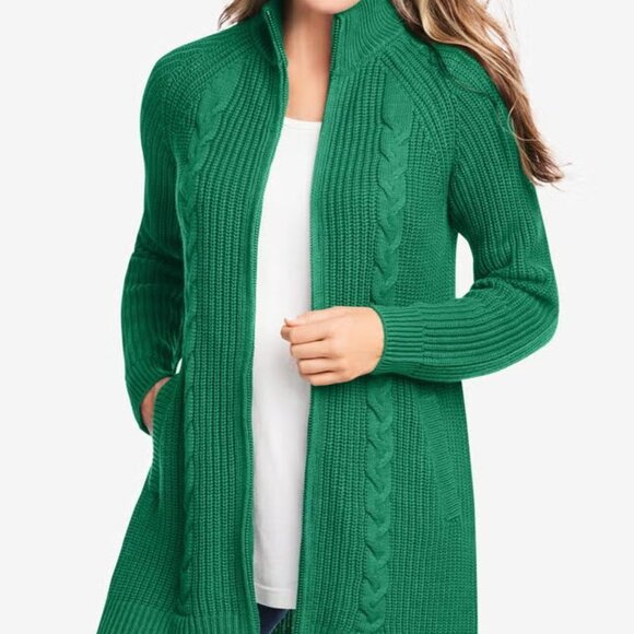 WOMAN WITHIN Emerald Green Zip Front Cable Cardigan Sweater Plus Size 2X 26W 28W - Picture 7 of 9